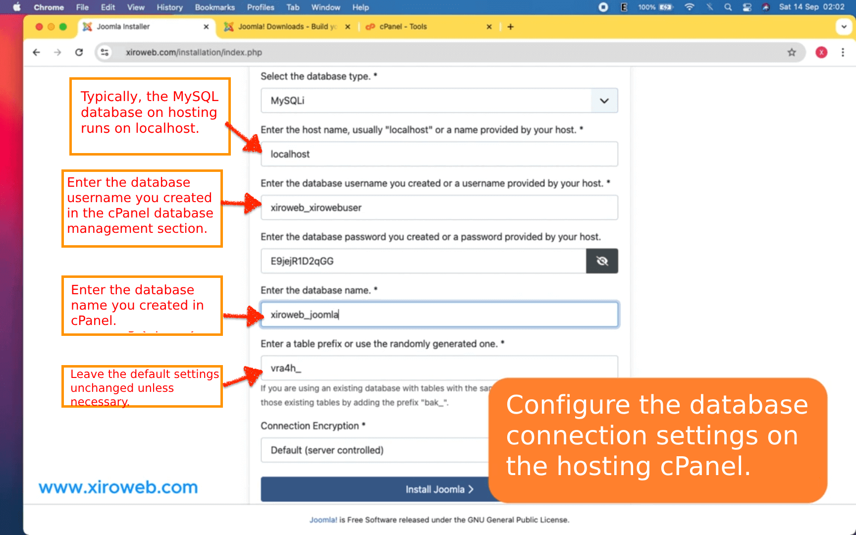 Configure the database connection settings on the hosting cPanel Joomla 5 install