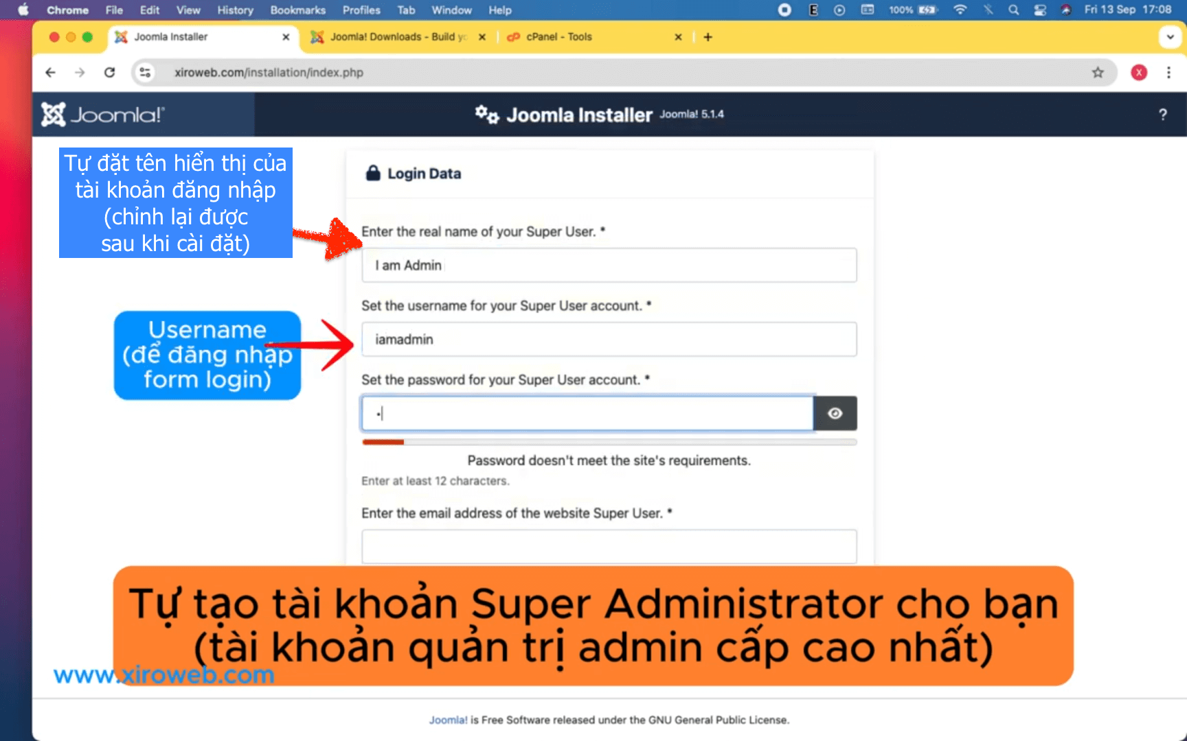 Tạo user supper admin để cài đặt joomla 5