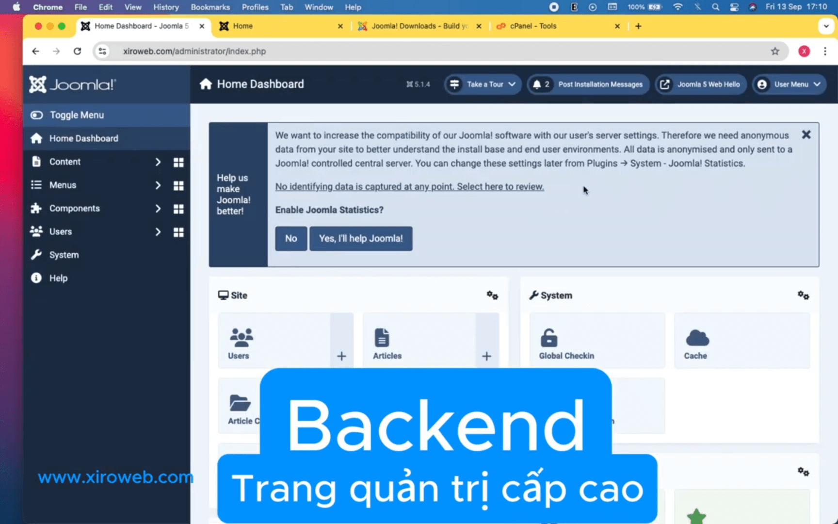 Backend trang quản trị cấp cao Joomla 5