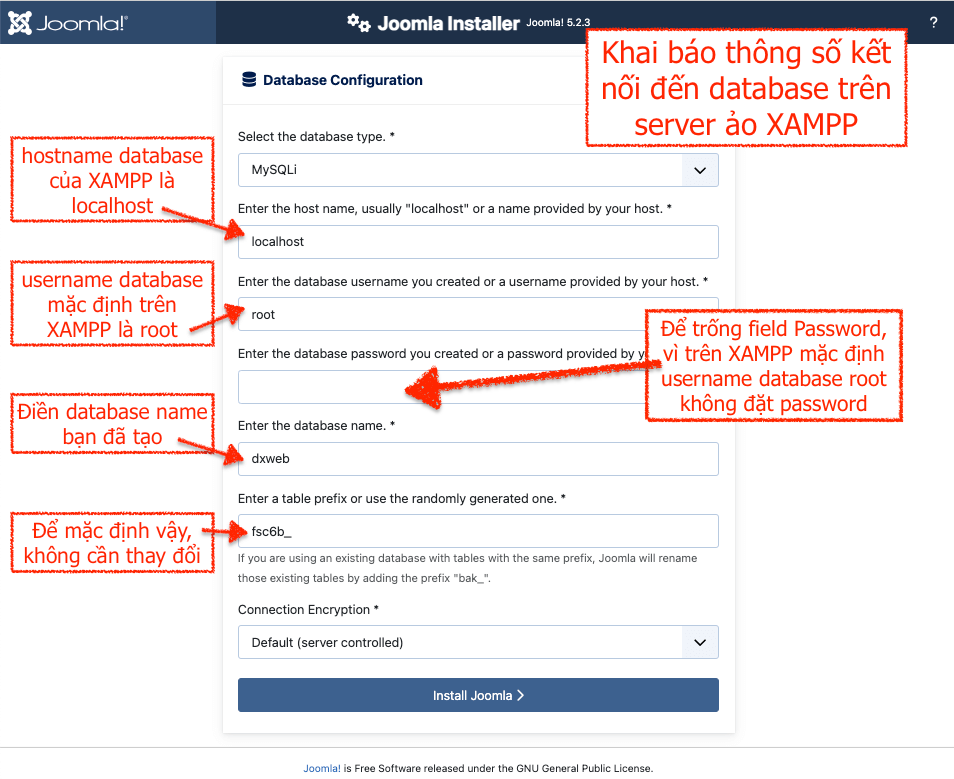 Kết nối database cài đặt Joomla 5 trên localhost XAMPP