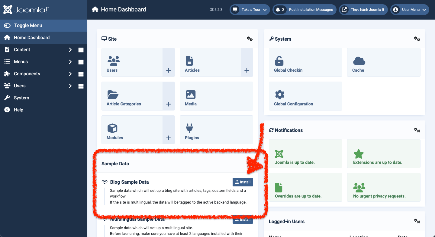 Cài đặt sample Data Joomla 5