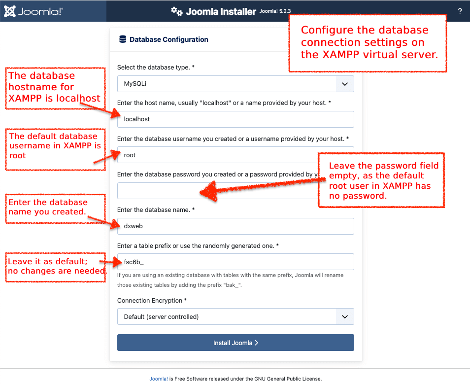 Configure the database connection settings on the XAMPP virtual server Joomla 5 install