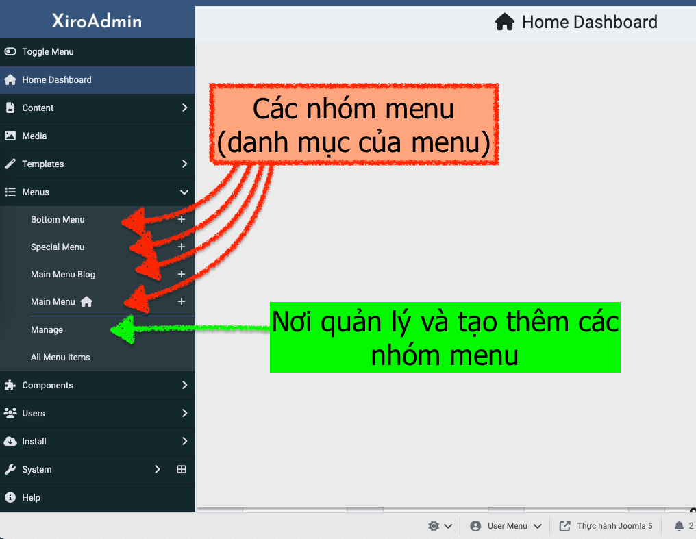 Menus trên Menu bar admin Joomla