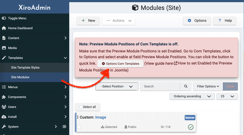 Modules admin template preivew position