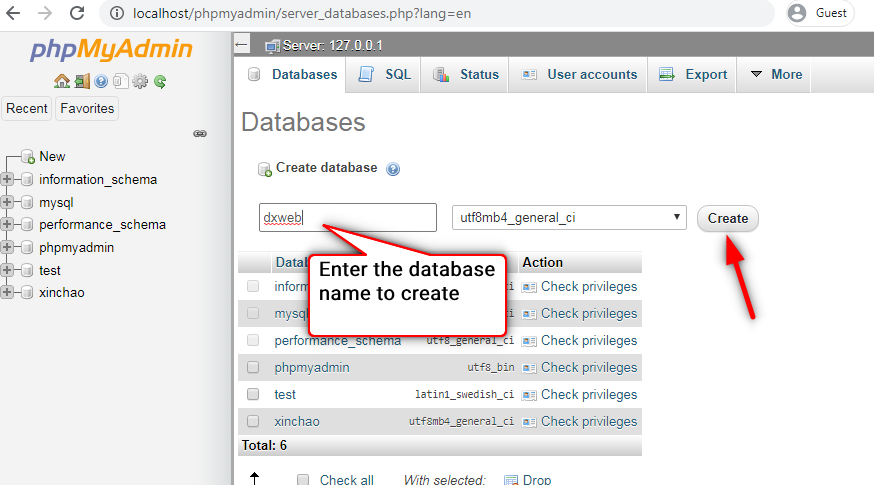 Xampp phpmyadmin create database